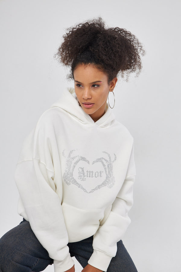 Amor Yazılı Taş Baskılı Kapüşonlu İçi Polar Oversize Beyaz Sweatshirt