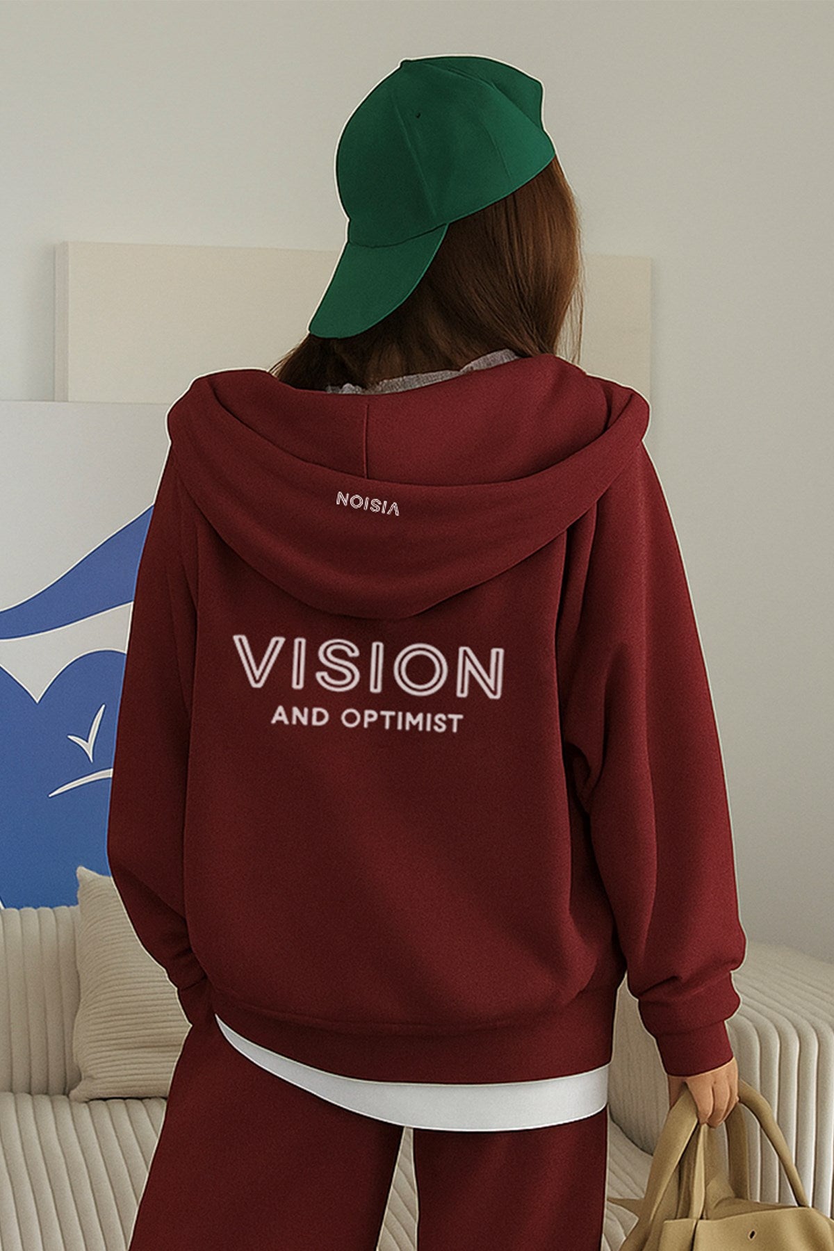 Kadın Oversize Eşofman Takımı Vision Baskılı Bordo – Kapüşonlu Fermuarlı, Bağcıklı Bel, Boru paça