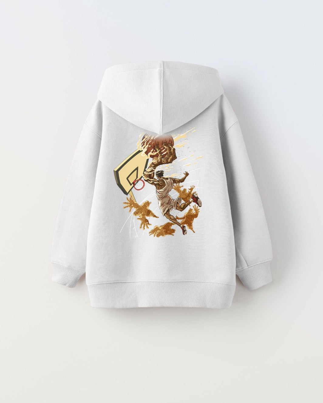 Kapüşonlu İçi Polar Basketbol Baskılı Beyaz Unisex Çocuk Sweatshirt