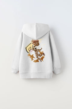 Kapüşonlu İçi Polar Basketbol Baskılı Beyaz Unisex Çocuk Sweatshirt