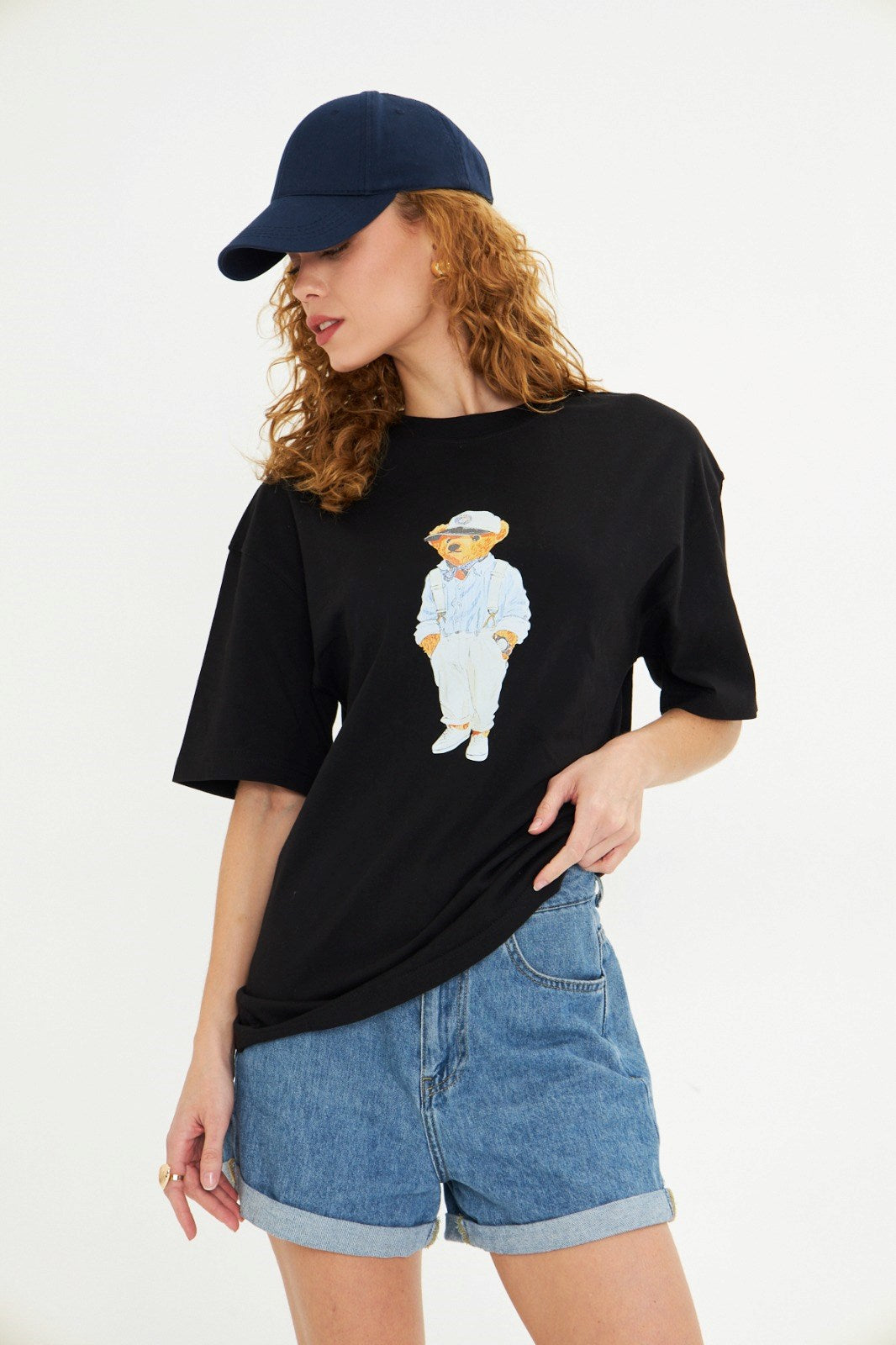 Unisex Siyah Ayıcık Baskılı Oversize Tişört Pamuklu Eğlenceli Çift Kombini Günlük Casual Model