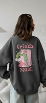 Kadın Oversize Sweatshirt Elbise Grinch Mode Baskılı Füme Melanj – Bisiklet Yaka, 3 İplik Polar