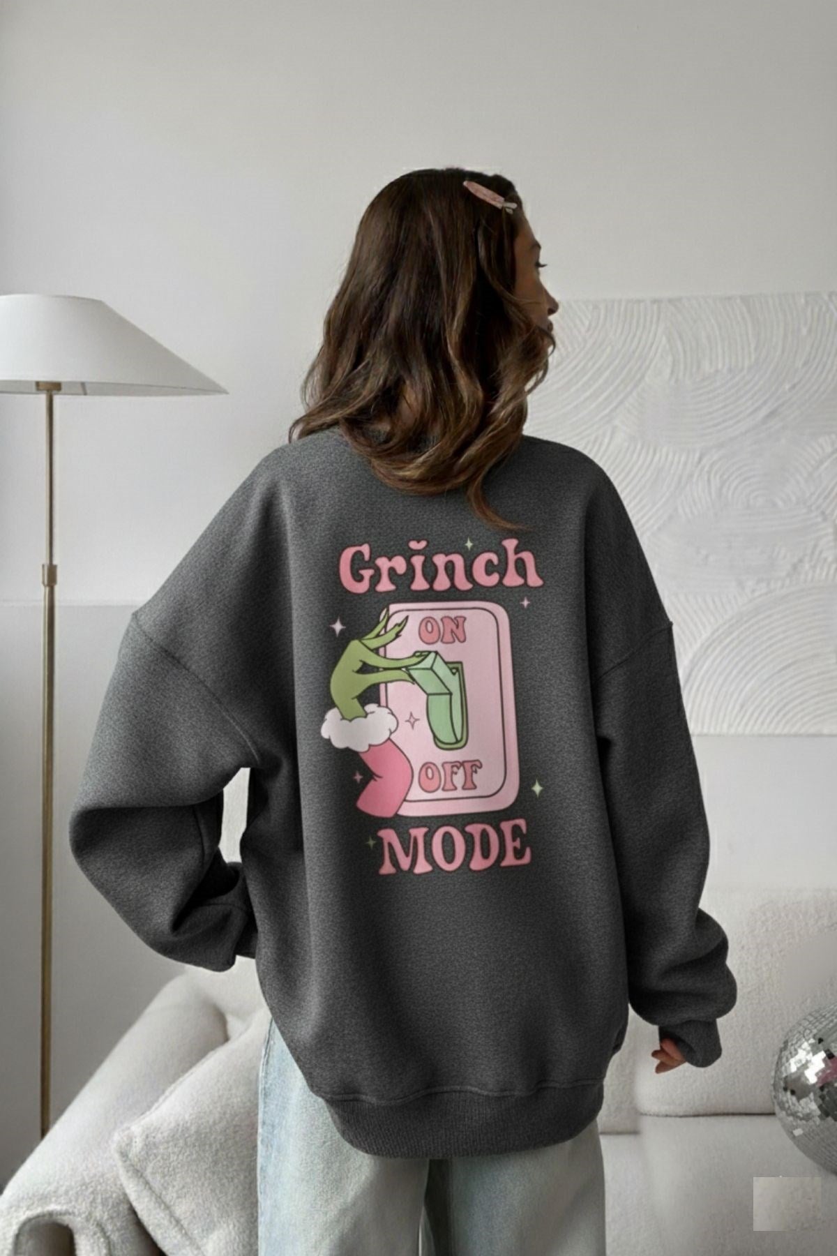 Kadın Oversize Sweatshirt Elbise Grinch Mode Baskılı Füme Melanj – Bisiklet Yaka, 3 İplik Polar