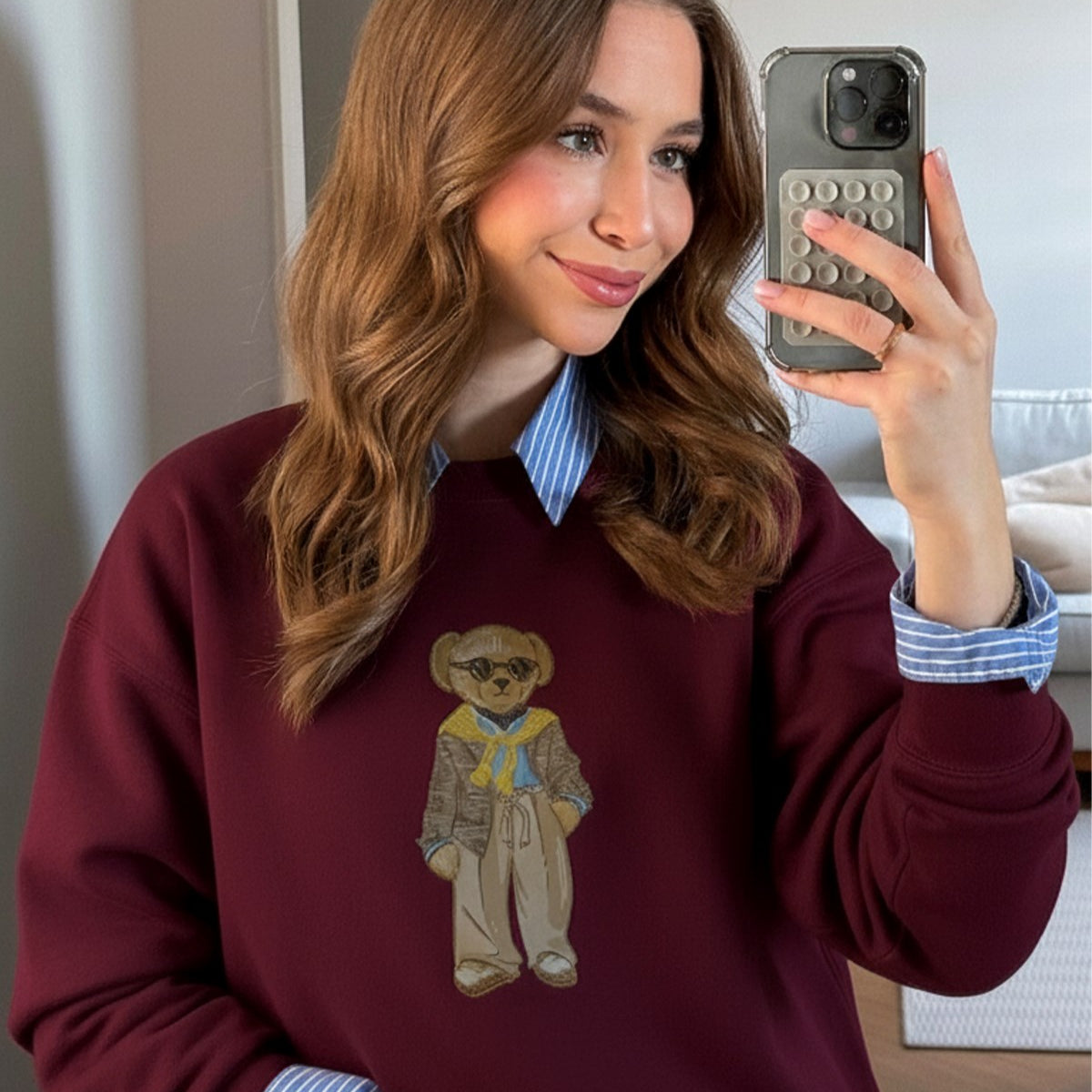 Kadın Oversize Sweatshirt Gentleman Bear Baskılı Bordo – Bisiklet Yaka, 3 İplik Şardonlu