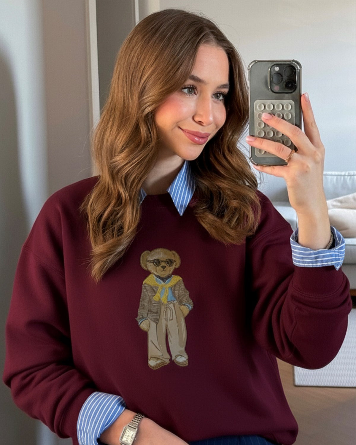 Kadın Oversize Sweatshirt Gentleman Bear Baskılı Bordo – Bisiklet Yaka, 3 İplik Şardonlu