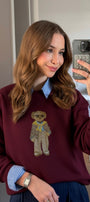 Kadın Oversize Sweatshirt Gentleman Bear Baskılı Bordo – Bisiklet Yaka, 3 İplik Şardonlu