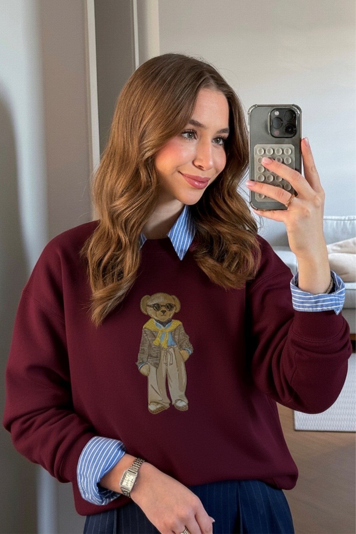 Kadın Oversize Sweatshirt Gentleman Bear Baskılı Bordo – Bisiklet Yaka, 3 İplik Şardonlu