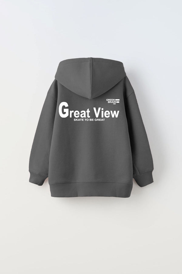 Kapüşonlu İçi Polar Great View Yazı Baskılı Füme Unisex Çocuk Hoodie Sweatshirt