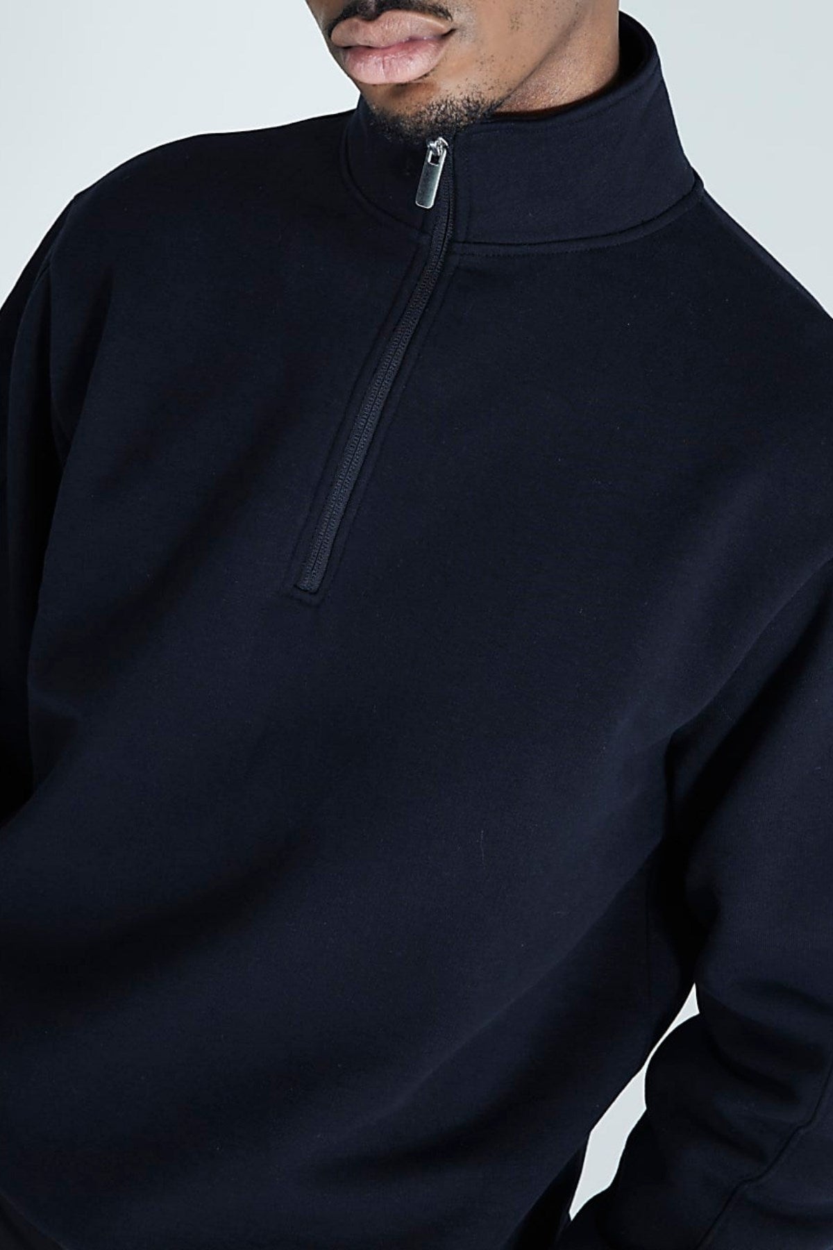 Erkek Lacivert Yarım Fermuarlı Sweatshirt 3 İplik Şardonlu Oversize Kesim