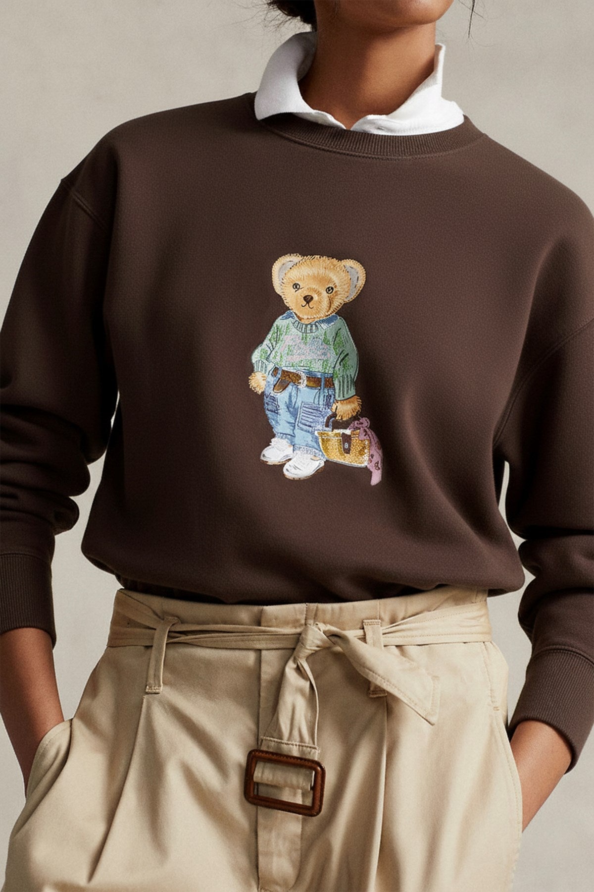 Kadın Oversize Sweatshirt Weekend Bear Baskılı Kahverengi – Bisiklet Yaka, 3 İplik Şardonlu