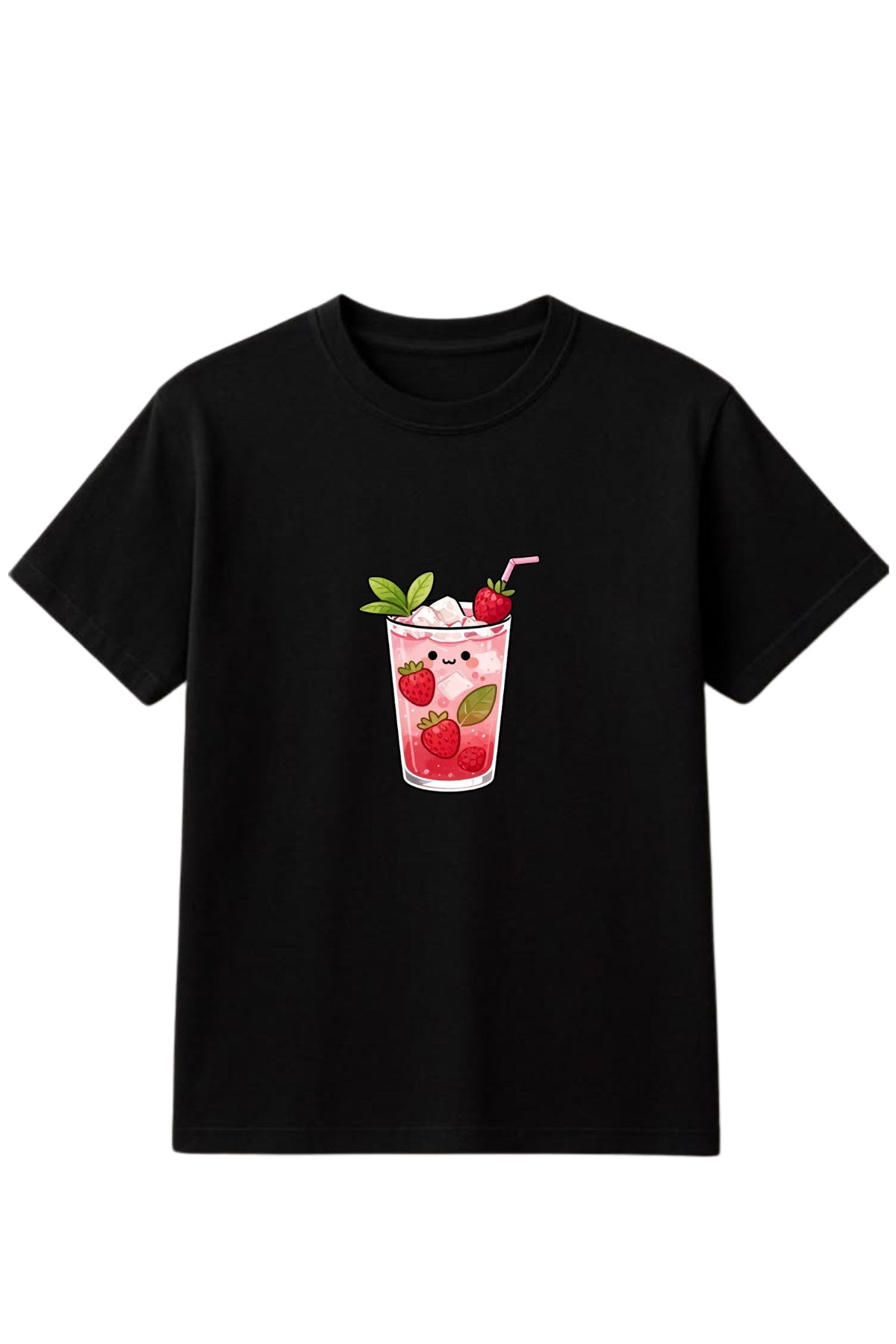 Kız Çocuk Oversize Tişört Strawberry Pop Baskılı Siyah – Bisiklet Yaka, Rahat Kalıp, %100 Pamuk