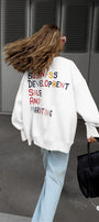 Kadın Oversize Sweatshirt Elbise Color Pop Baskılı Beyaz – Bisiklet Yaka, 3 İplik Şardonlu Polar