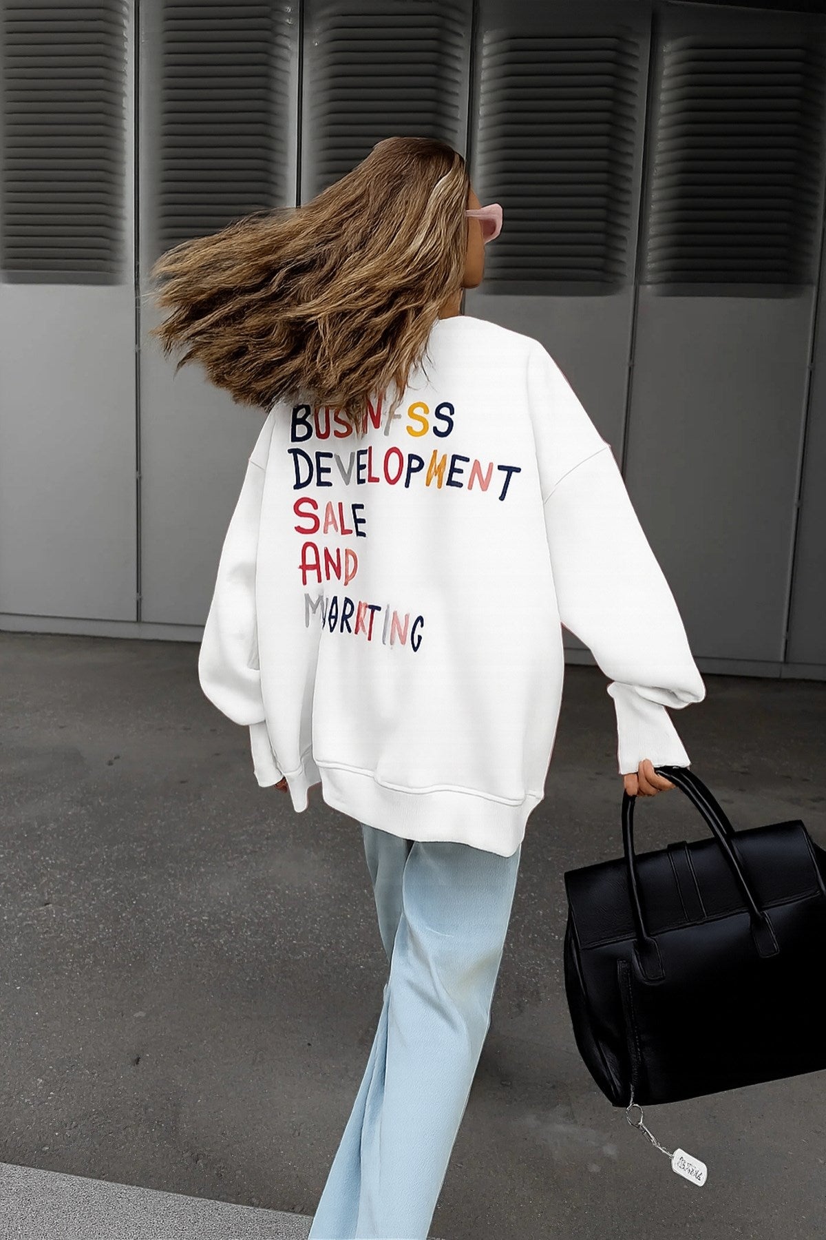 Kadın Oversize Sweatshirt Elbise Color Pop Baskılı Beyaz – Bisiklet Yaka, 3 İplik Şardonlu Polar