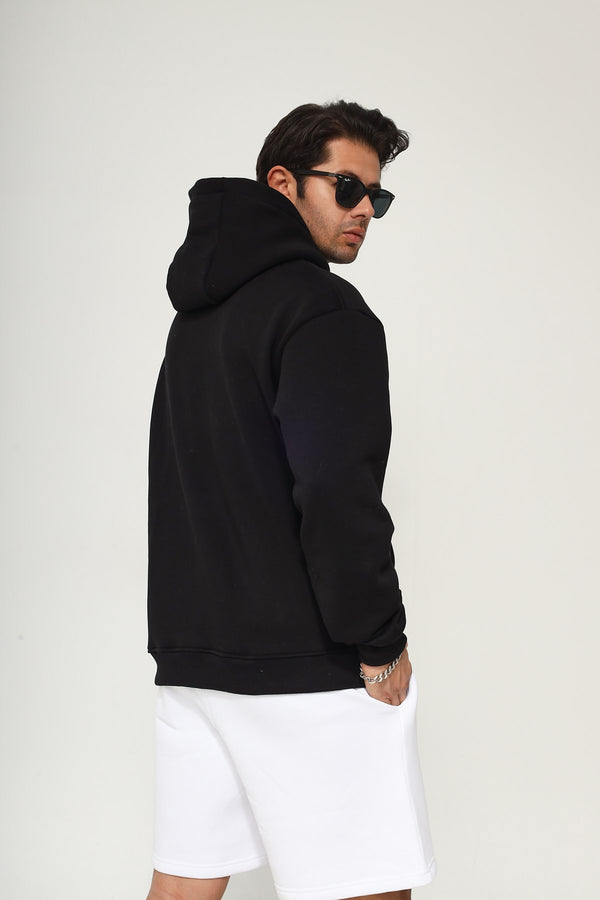 Kapüşonlu İçi Polar MM75 Baskılı Siyah Oversize Hoodie Sweatshirt