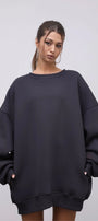 Kadın Oversize Sweatshirt Elbise Basic Füme – Bisiklet Yaka, 3 İplik Şardonlu Polar