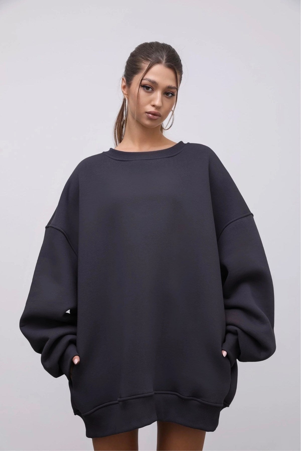 Kadın Oversize Sweatshirt Elbise Basic Füme – Bisiklet Yaka, 3 İplik Şardonlu Polar