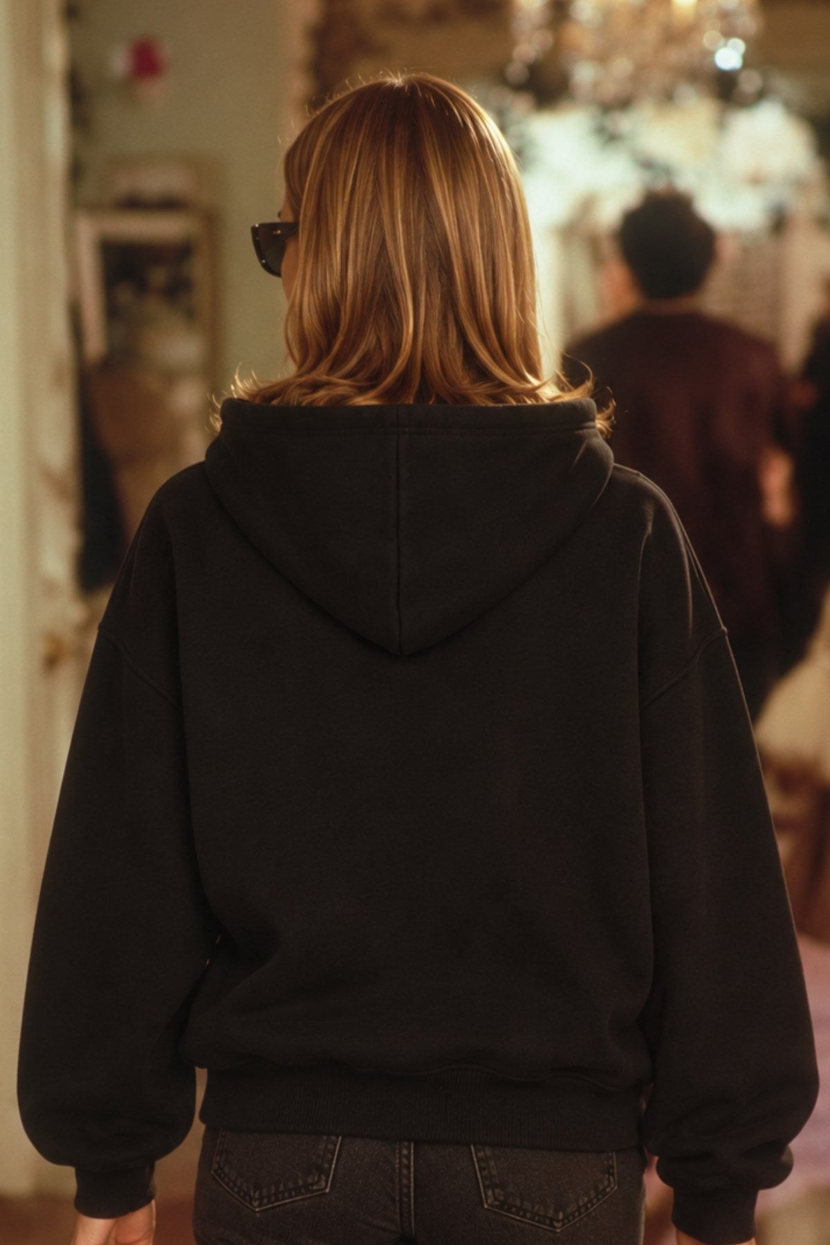 Kadın Oversize Hoodie Back To The 90’s Baskılı Siyah - Kapüşonlu, Kanguru Cepli, 3 İplik Polar