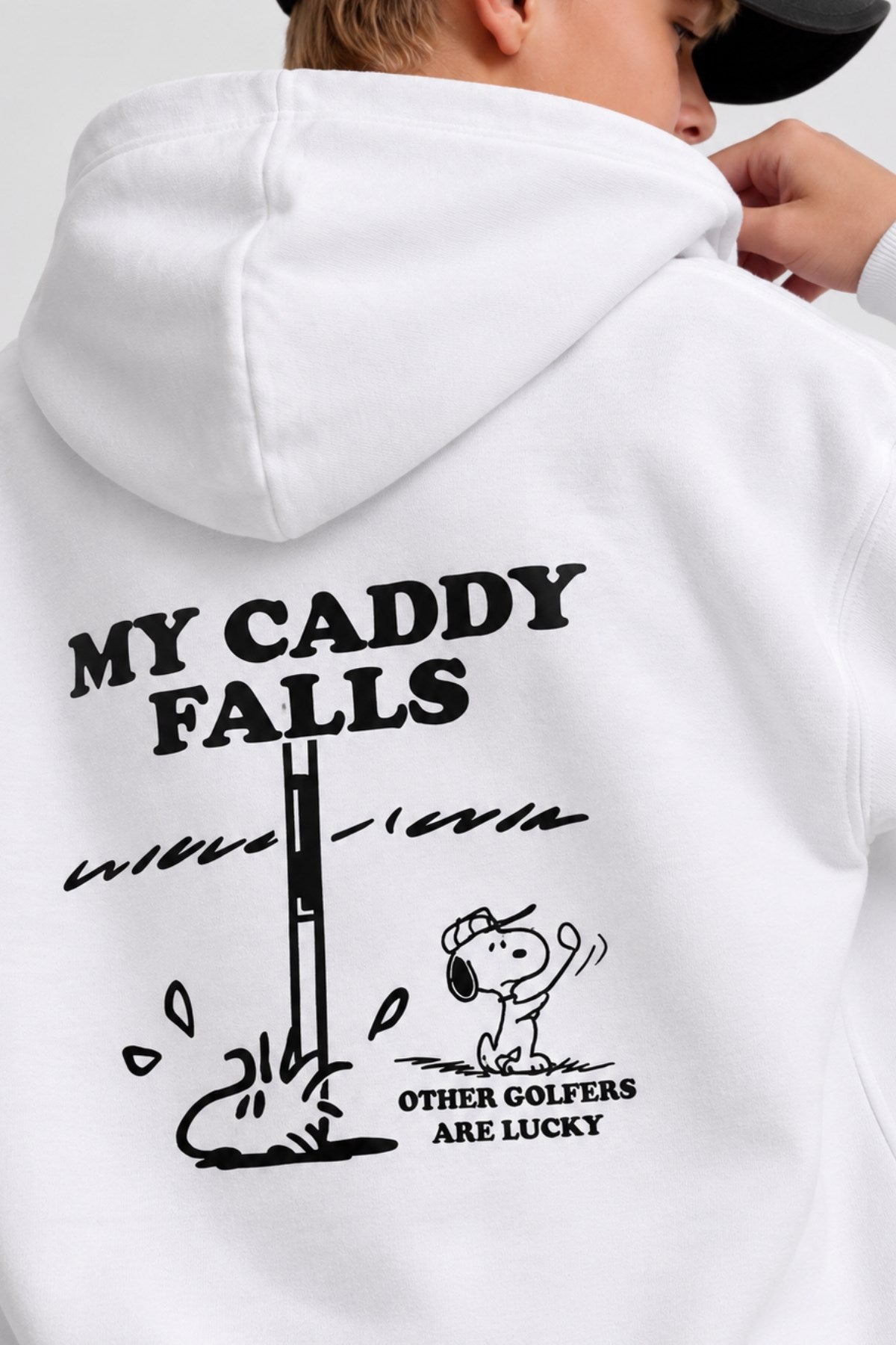 Erkek Çocuk Oversize Hoodie My Caddy Falls Baskılı Beyaz – Kapüşonlu, Cepli, 3 İplik Polar