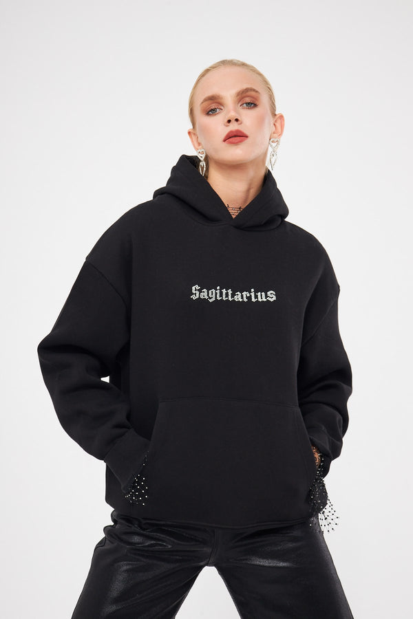 Kapüşonlu İçi Polar Sagittarius Yazılı Taş Baskılı Siyah Oversize Hoodie Sweatshirt