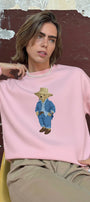 Kadın Oversize Sweatshirt Ranch Bear Baskılı Pembe – Bisiklet Yaka, 3 İplik Şardonlu Polar
