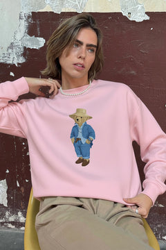 Kadın Oversize Sweatshirt Ranch Bear Baskılı Pembe – Bisiklet Yaka, 3 İplik Şardonlu Polar