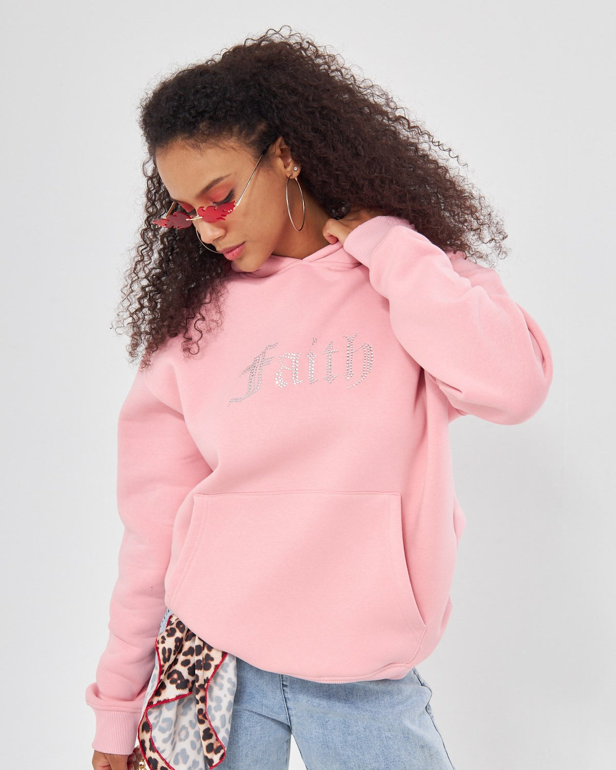 Faith Yazılı Taş Baskılı Kapüşonlu İçi Polar Oversize Pembe Sweatshirt
