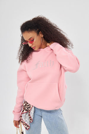 Faith Yazılı Taş Baskılı Kapüşonlu İçi Polar Oversize Pembe Sweatshirt