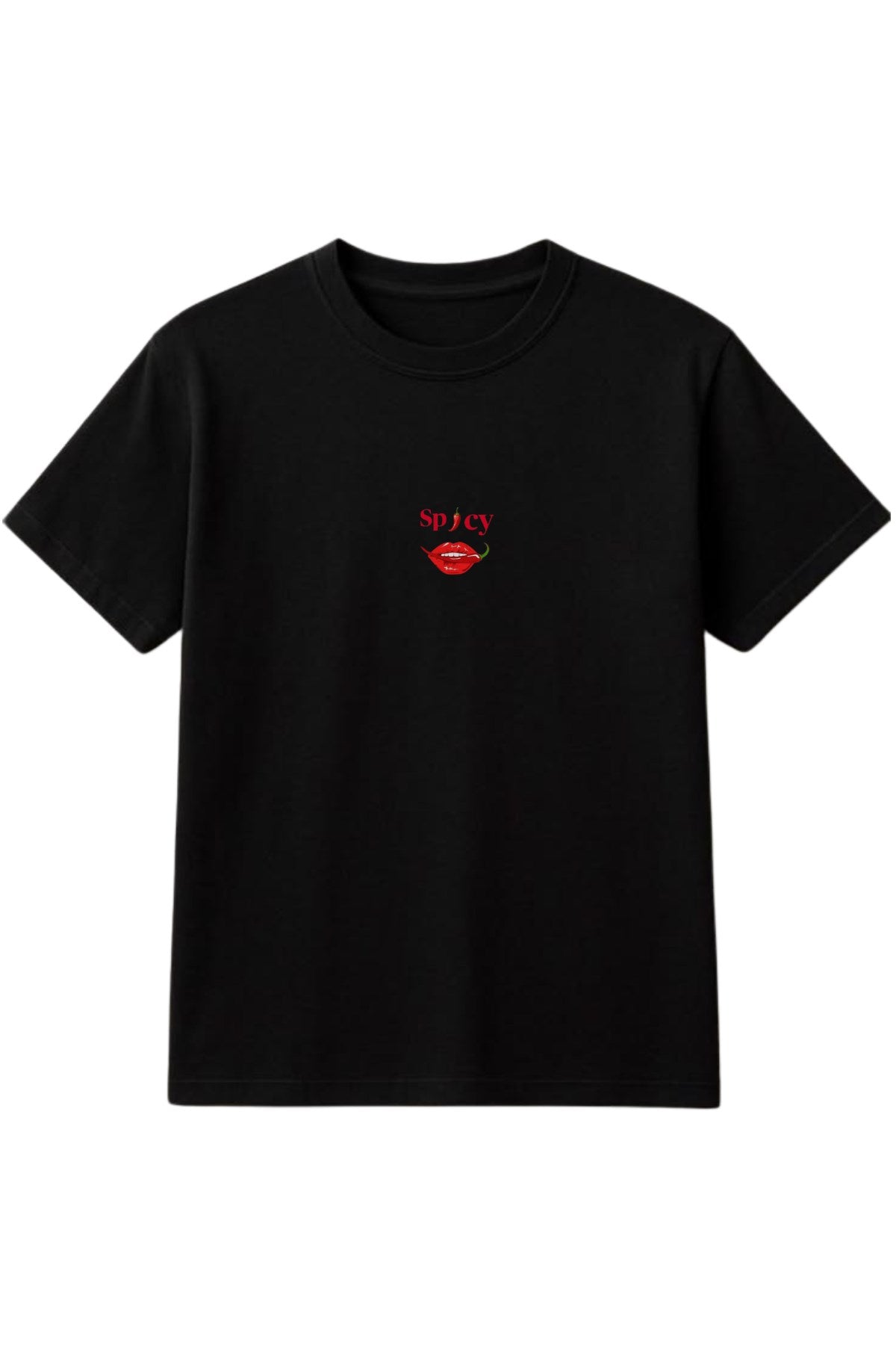 Kadın Oversize Tişört Spicy Lips Baskılı Siyah – Bisiklet Yaka, Rahat Kalıp, %100 Pamuk