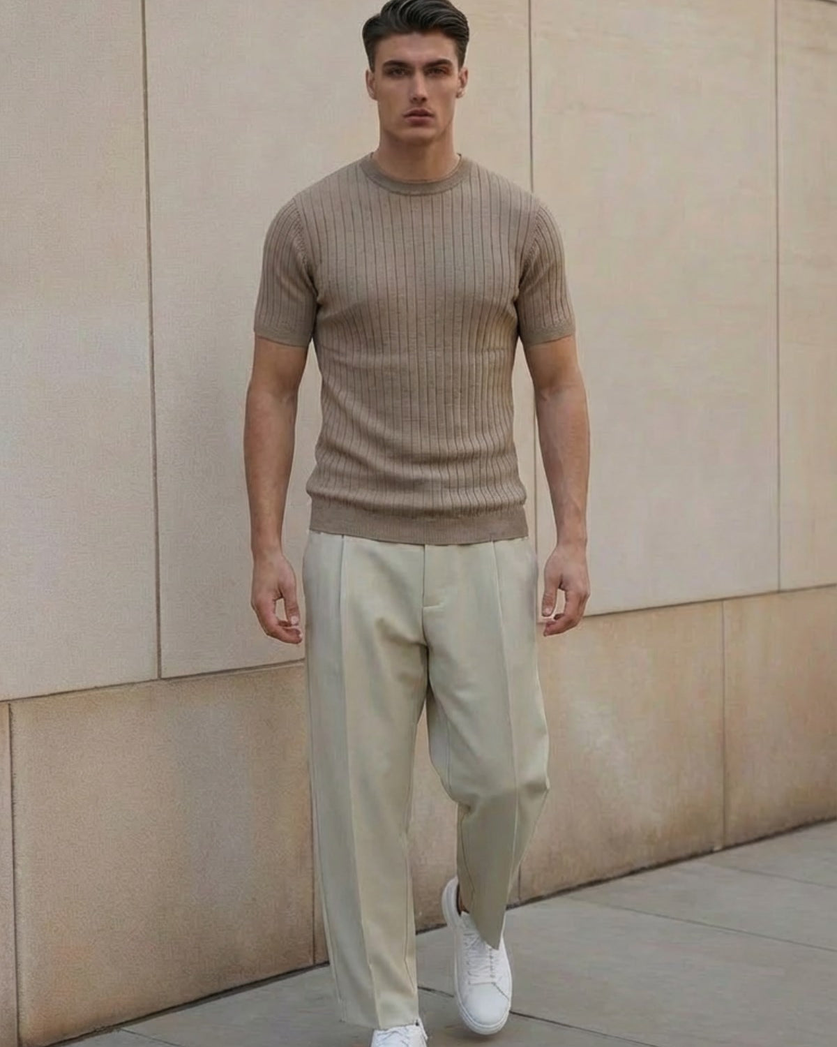 Erkek Dokulu Fitilli Triko Tişört Vizon - Bisiklet Yaka, Fit, Yazlık, Örme