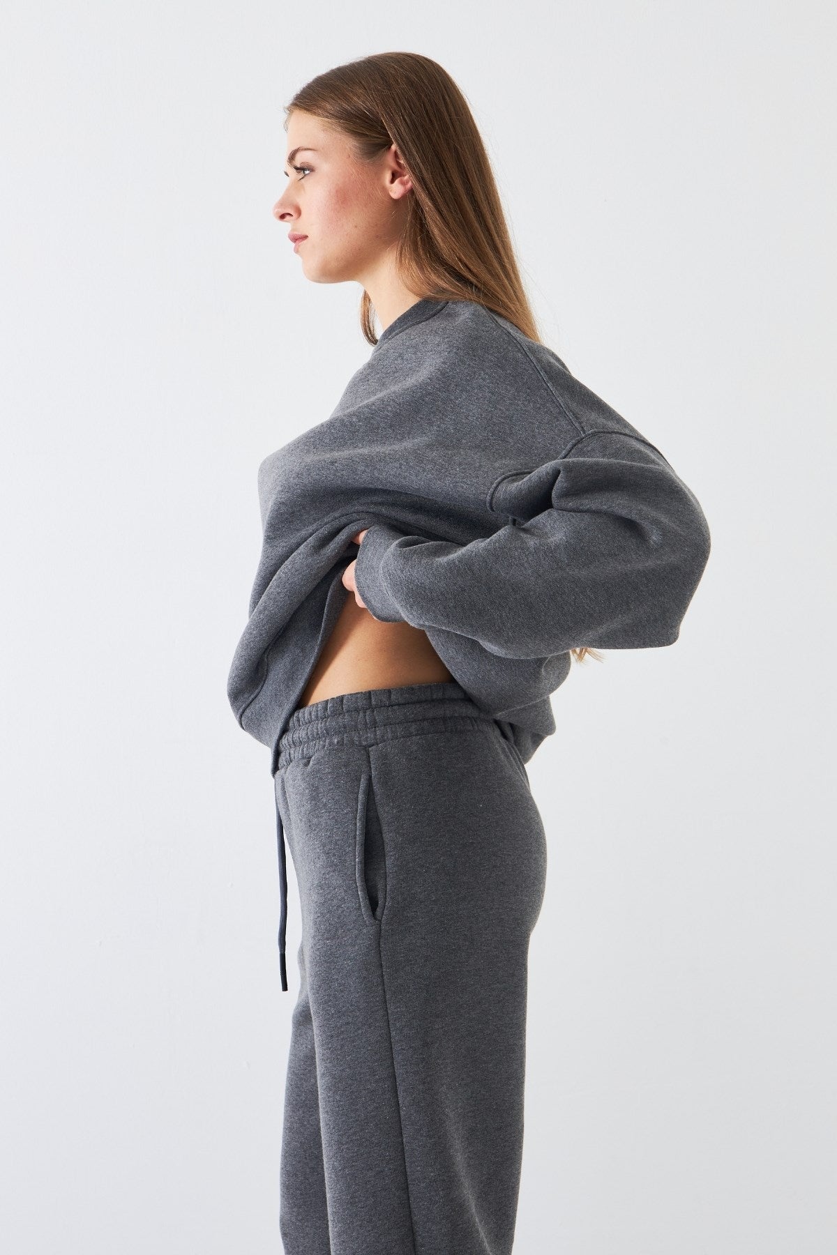 Unisex Oversize Sweatshirt Basic Füme Melanj – Bisiklet Yaka, 3 İplik Şardonlu Polar