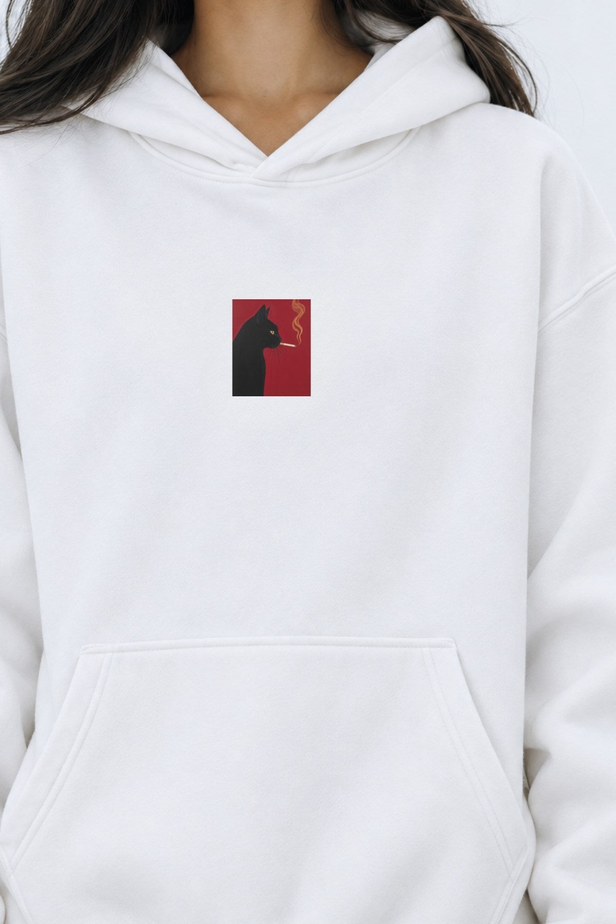 Kadın Oversize Hoodie Noir Cat Baskılı Beyaz – Kapüşonlu, Kanguru Cepli, 3 İplik Şardonlu Polar