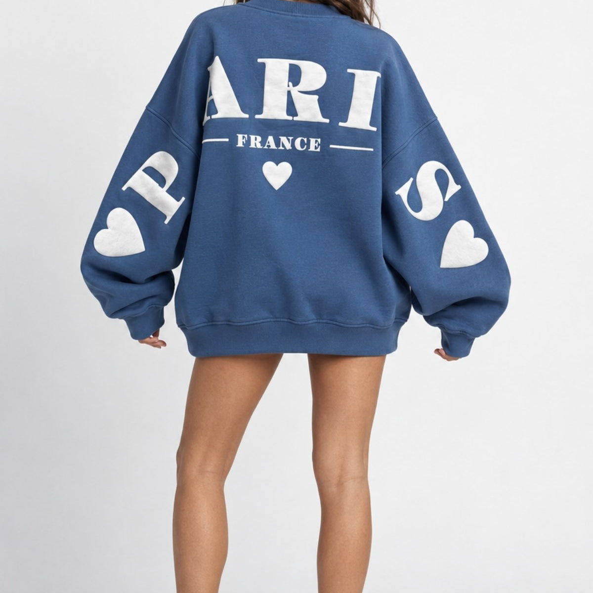 Kadın Oversize Sweatshirt Paris 3D Baskılı Marine – Bisiklet Yaka, Kol ve Sırt Baskılı, 3 İplik