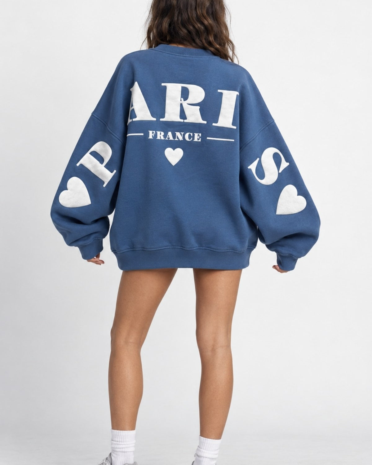 Kadın Oversize Sweatshirt Paris 3D Baskılı Marine – Bisiklet Yaka, Kol ve Sırt Baskılı, 3 İplik