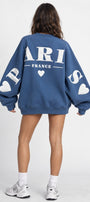 Kadın Oversize Sweatshirt Paris 3D Baskılı Marine – Bisiklet Yaka, Kol ve Sırt Baskılı, 3 İplik