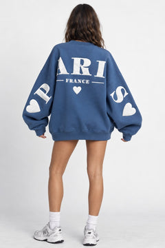 Kadın Oversize Sweatshirt Paris 3D Baskılı Marine – Bisiklet Yaka, Kol ve Sırt Baskılı, 3 İplik