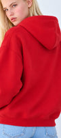 Kadın Oversize Hoodie Amore Baskılı Kırmızı – Kapüşonlu, Kanguru Cepli, 3 İplik Şardonlu Polar