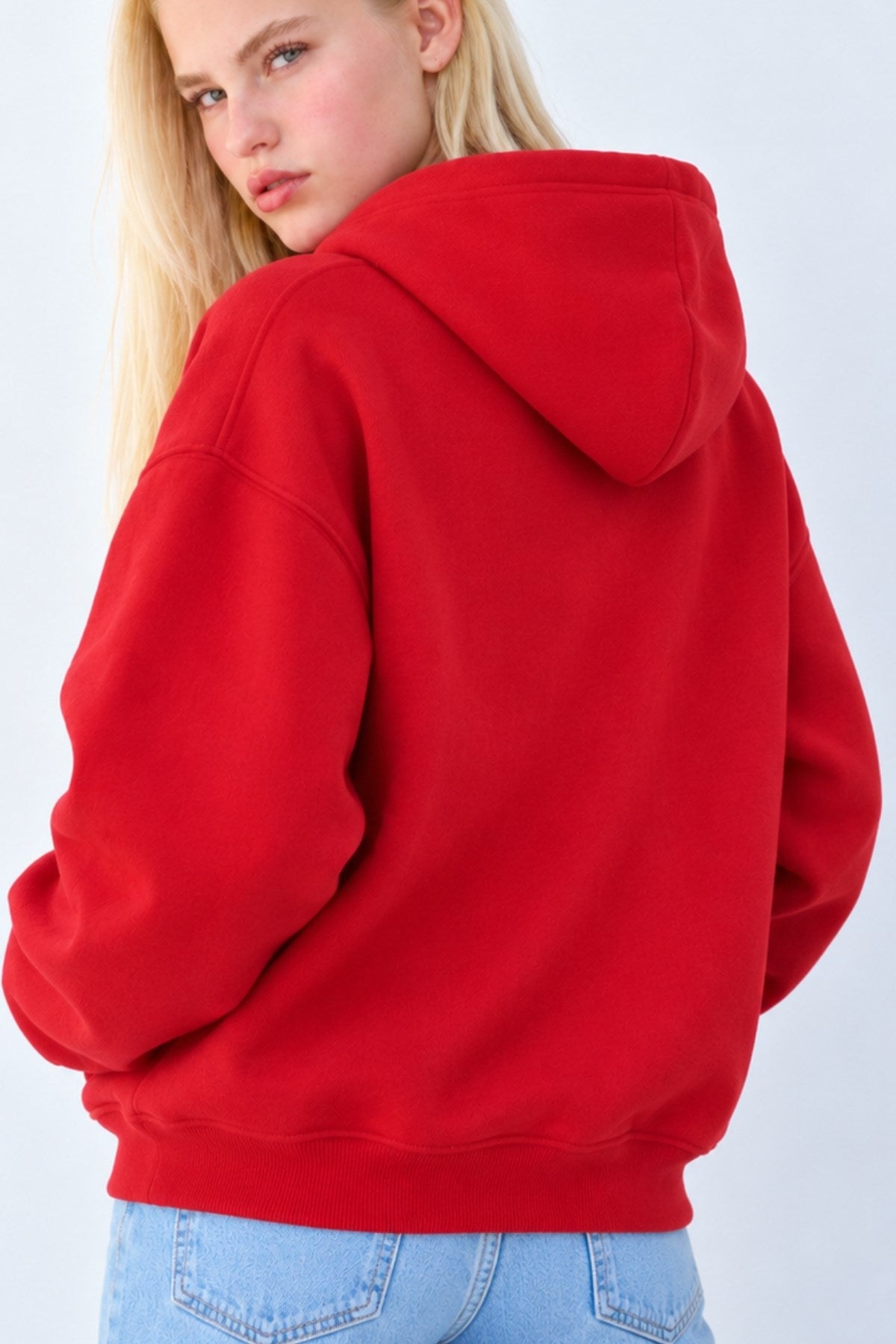 Kadın Oversize Hoodie Amore Baskılı Kırmızı – Kapüşonlu, Kanguru Cepli, 3 İplik Şardonlu Polar