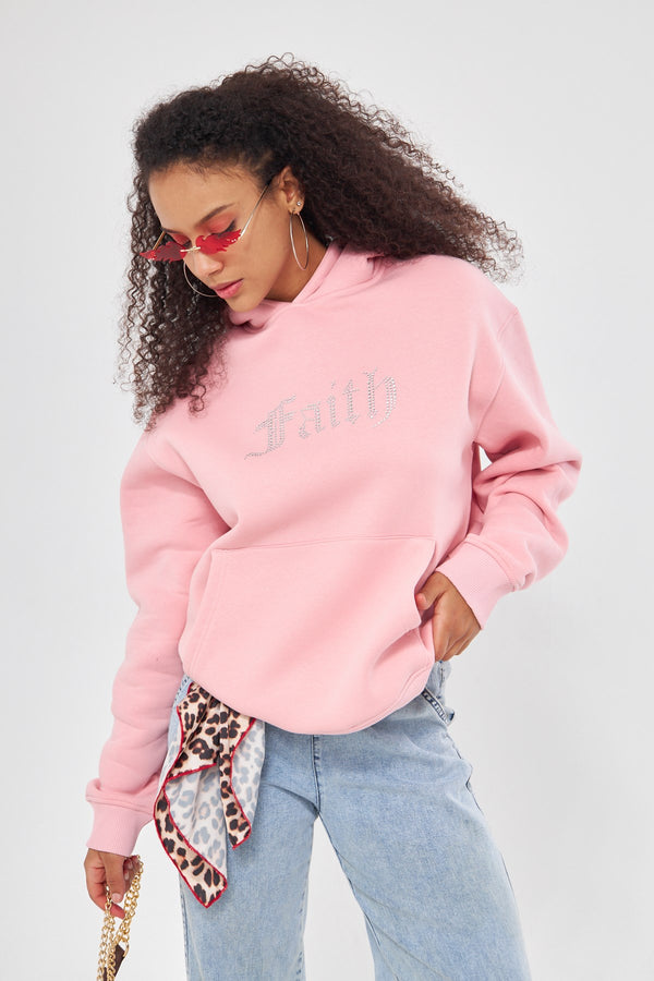 Faith Yazılı Taş Baskılı Kapüşonlu İçi Polar Oversize Pembe Sweatshirt