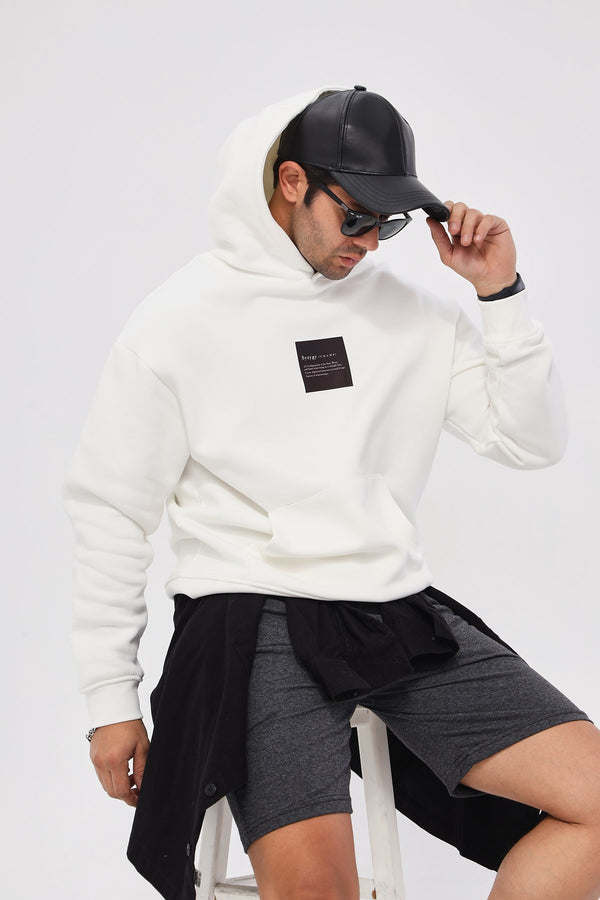 Kapüşonlu İçi Polar Syzygy Yazı Baskılı Beyaz Oversize Hoodie Sweatshirt