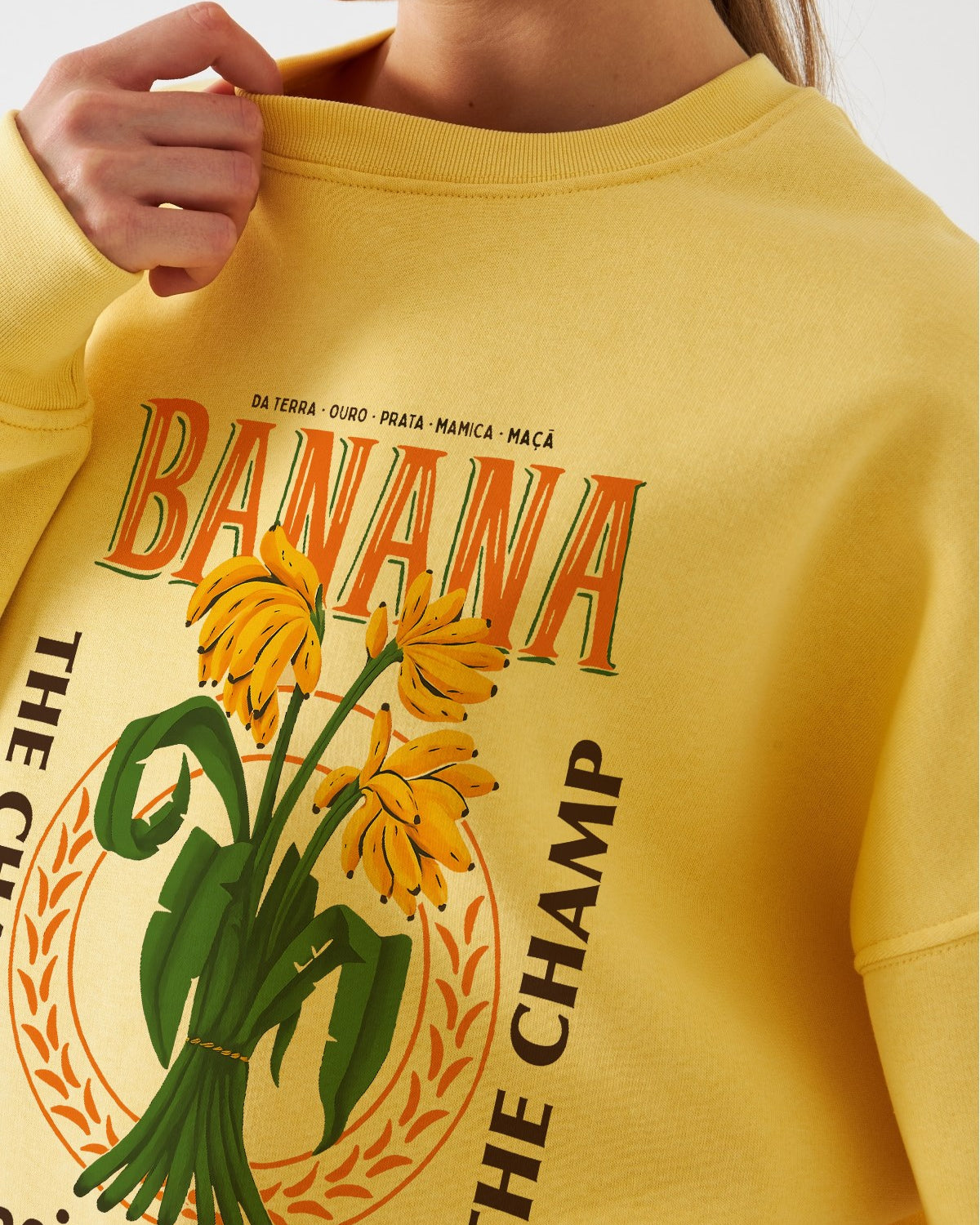 Kadın Oversize Sweatshirt Banana Tropical Baskılı Sarı – Bisiklet Yaka, 3 İplik Şardonlu Polar