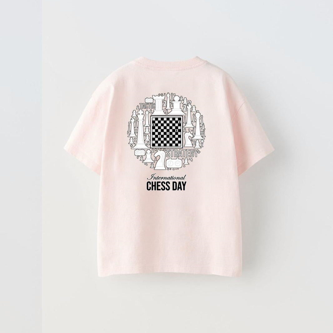 International Chess Day Yazılı Satranç Tasarım Baskılı Pembe Çocuk T-Shirt