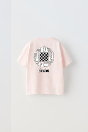 International Chess Day Yazılı Satranç Tasarım Baskılı Pembe Çocuk T-Shirt