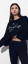 Siyah Bisiklet Yaka İçi Polar Jardin Du Village Yazı Baskılı Oversize Sweatshirt