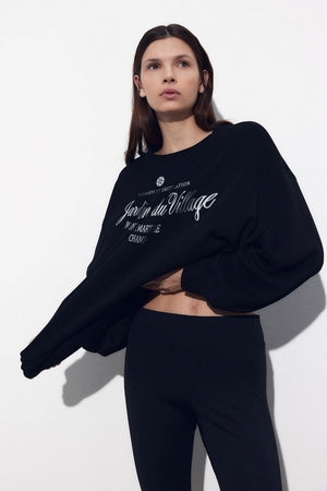 Siyah Bisiklet Yaka İçi Polar Jardin Du Village Yazı Baskılı Oversize Sweatshirt