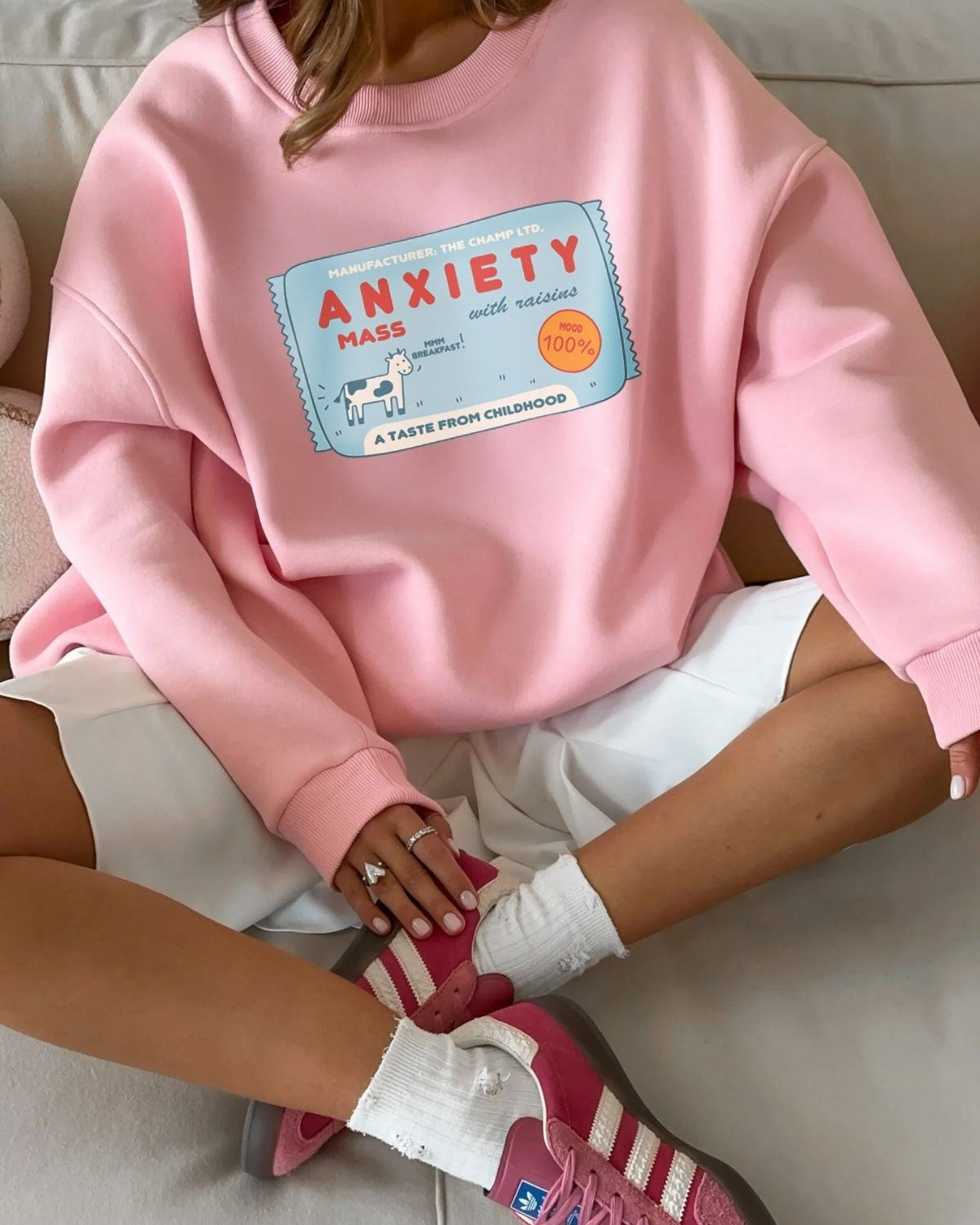 Kadın Oversize Sweatshirt Elbise Anxiety Bar Baskılı Pembe – Bisiklet Yaka, 3 İplik Şardonlu Polar