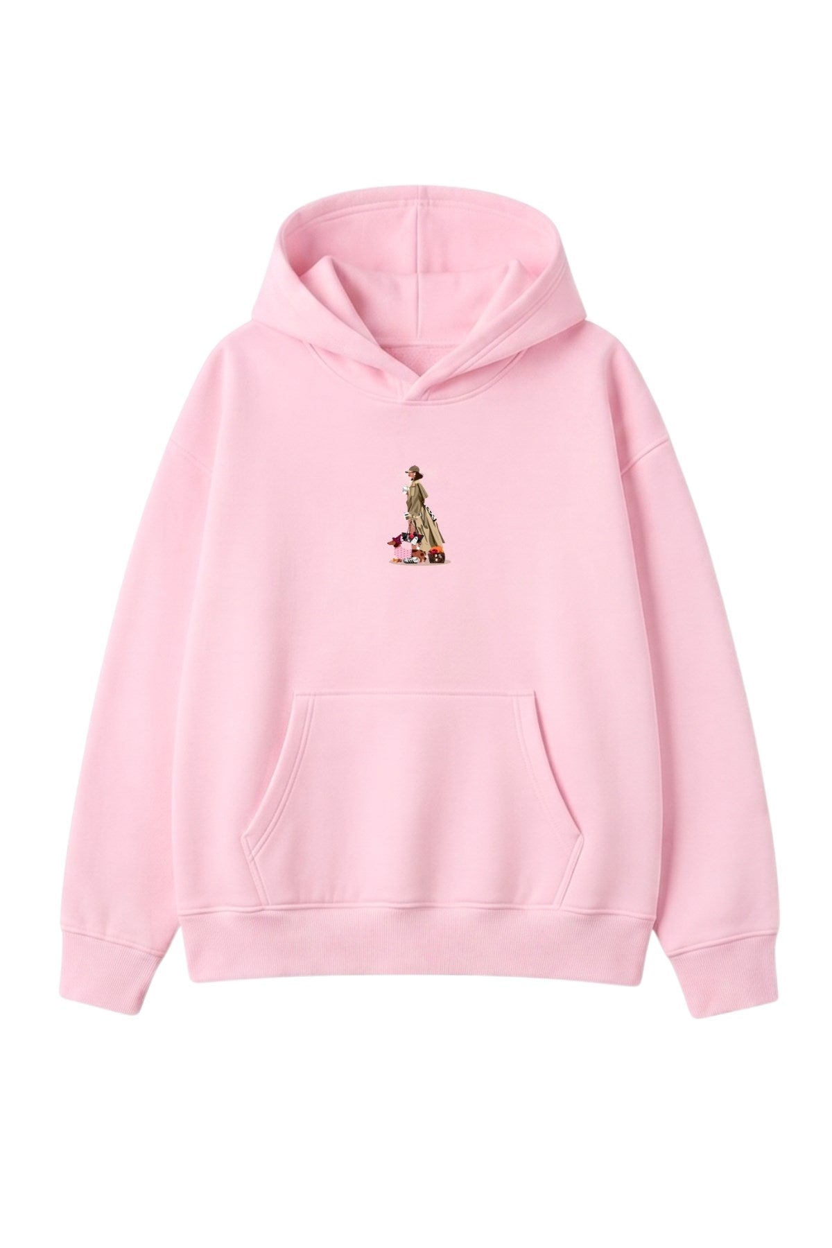 Kadın Oversize Hoodie City Walk Baskılı Pembe – Kapüşonlu, Kanguru Cepli, 3 İplik Polar