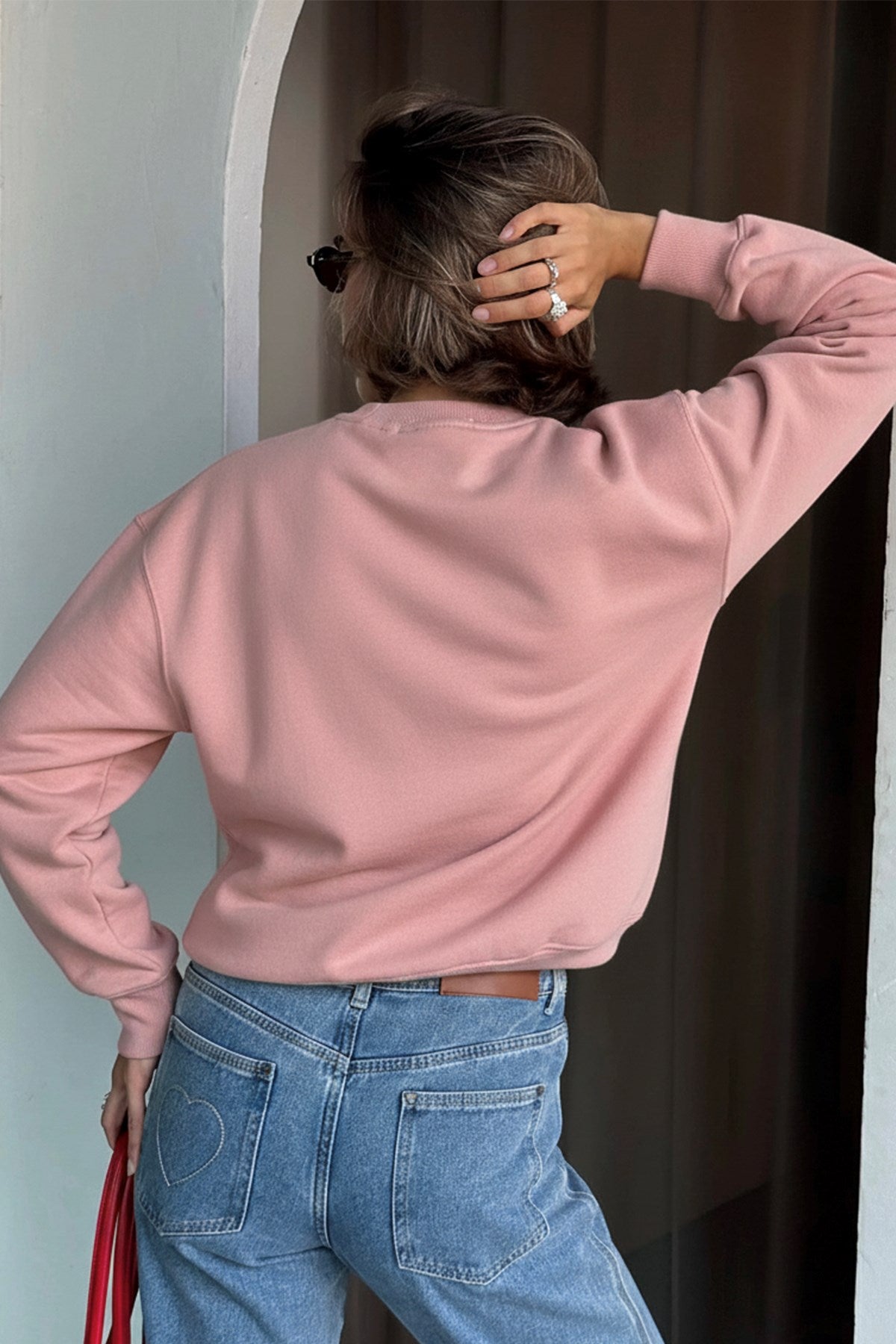 Kadın Oversize Sweatshirt Ballerina Bear Baskılı Pembe – Bisiklet Yaka, 3 İplik Şardonlu Polar