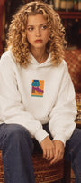 Kadın Oversize Hoodie Seventies Party Baskılı Beyaz - Kapüşonlu, Kanguru Cepli, 3 İplik Polar