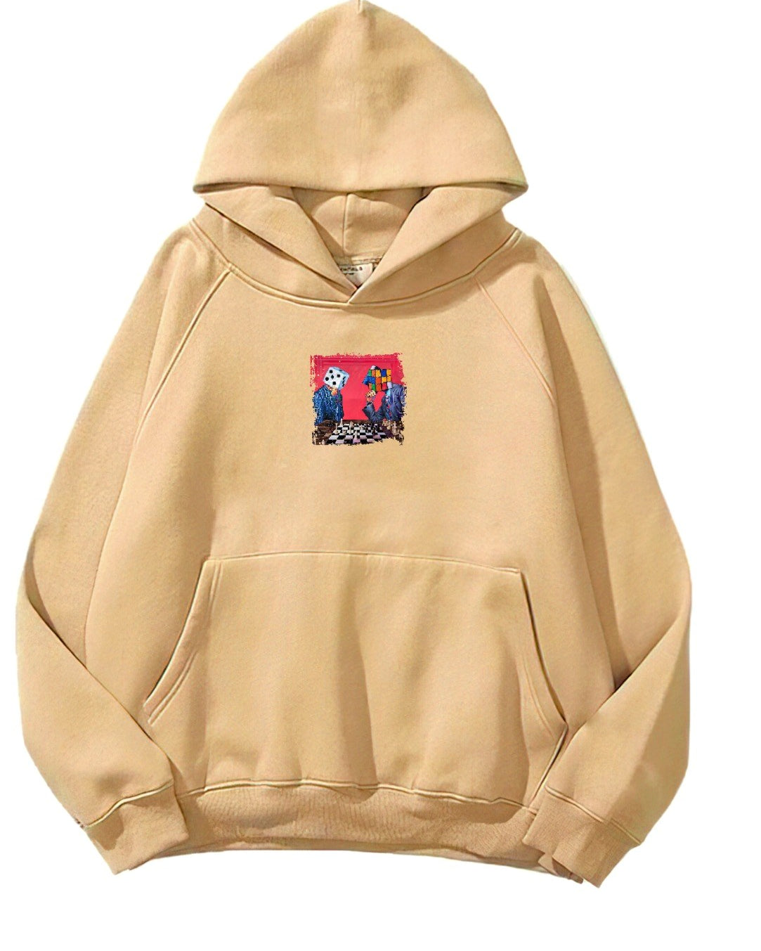 Kapüşonlu İçi Polar Satranç Baskılı Bej Unisex Oversize Hoodie Sweatshirt