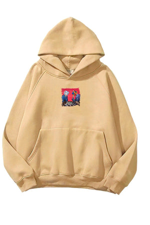 Kapüşonlu İçi Polar Satranç Baskılı Bej Unisex Oversize Hoodie Sweatshirt